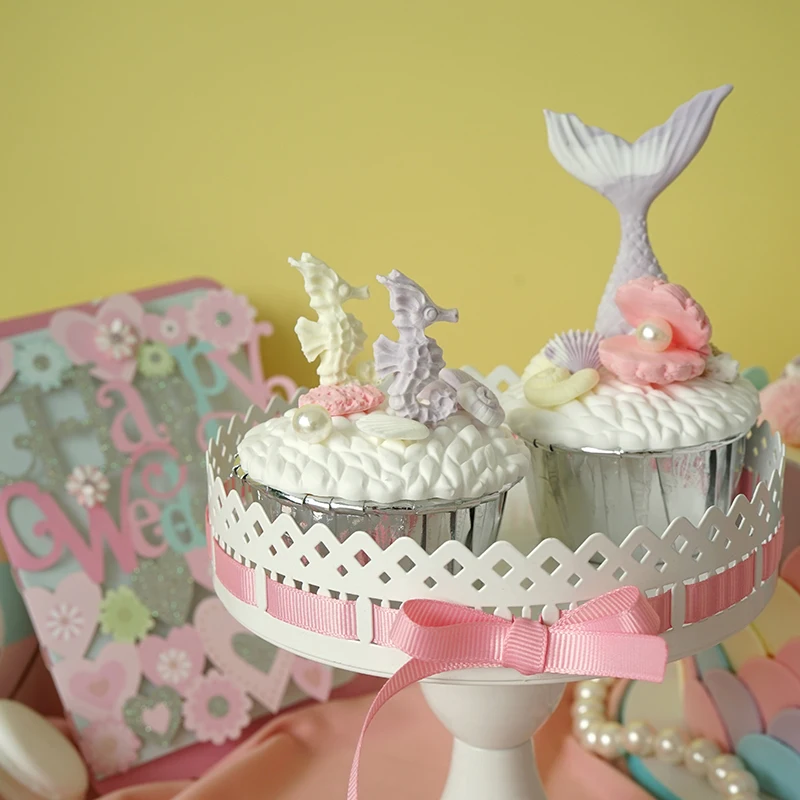 

Simulation Fondant Cup Cake Mermaid Conch Seahorse Cup Cakes Clay Underwater Theme Dessert Model Window Display Home Decoration