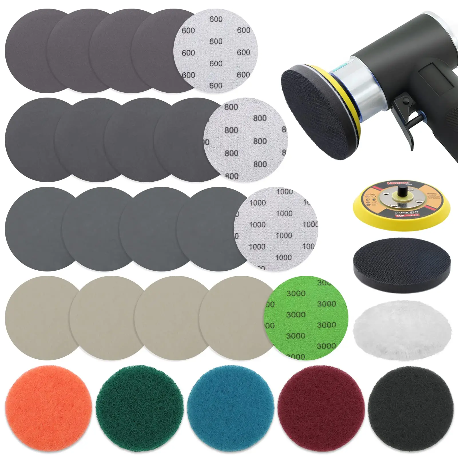 Dura-Gold Lot de 46 disques abrasifs de conditionnement de surface de 7,6 cm de diamètre – 15 de chaque grain grossier, moyen et fin à changement rapide, tampon de support pour perceuse