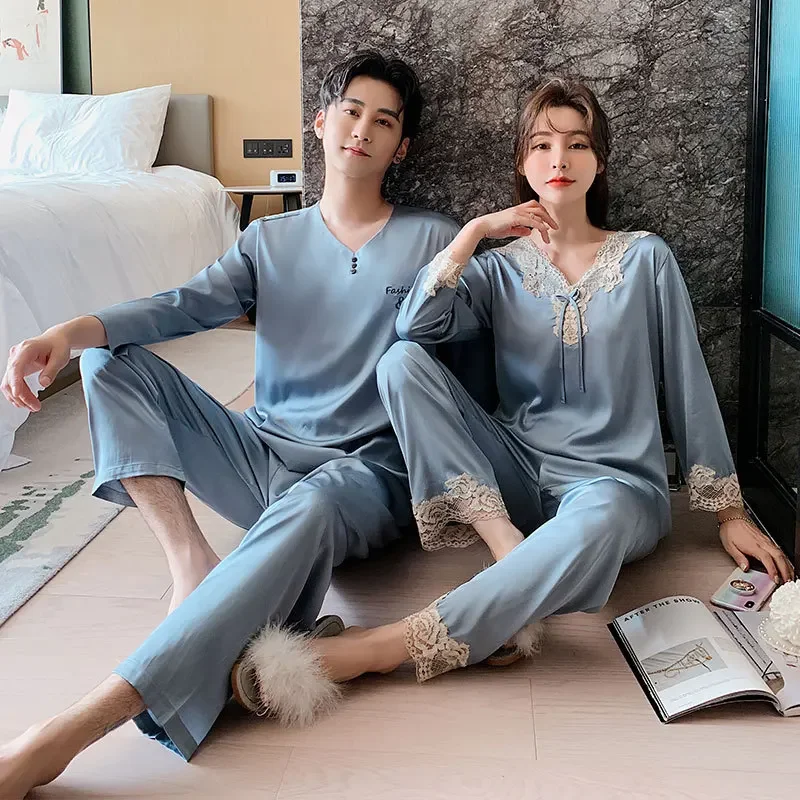 Pajamas Set Men Women Fall Summer Ice Silk Couple Sleepwear Large Size Imitation Silk Loungewear Suit