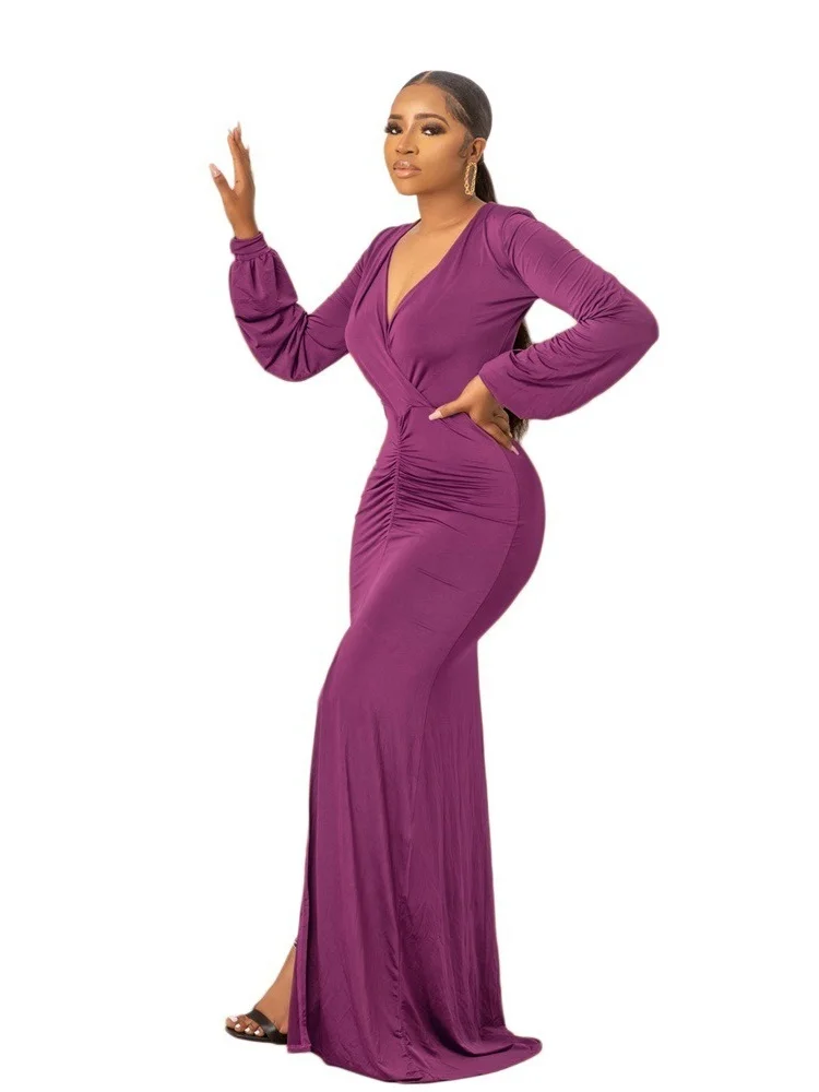 Wmstar Dress Women Wholesale Casual Long Sleeved Solid Color Dresses Long Birthday Dresses Luxury 2025 Summer One Pieces