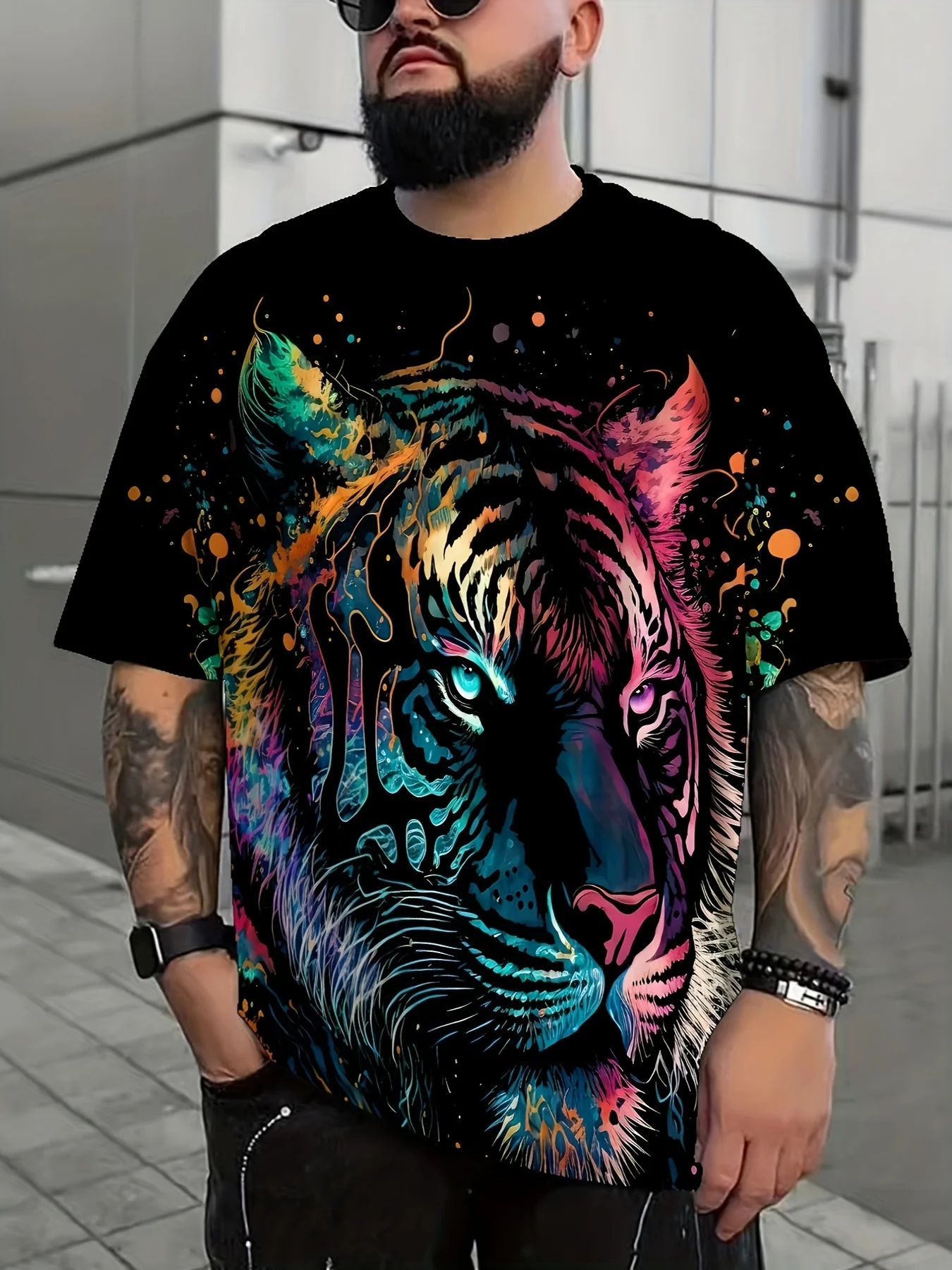 Camiseta con estampado gráfico de tigre colorido para hombre de talla grande para verano, camisetas casuales de manga corta a la moda para hombres grandes y altos