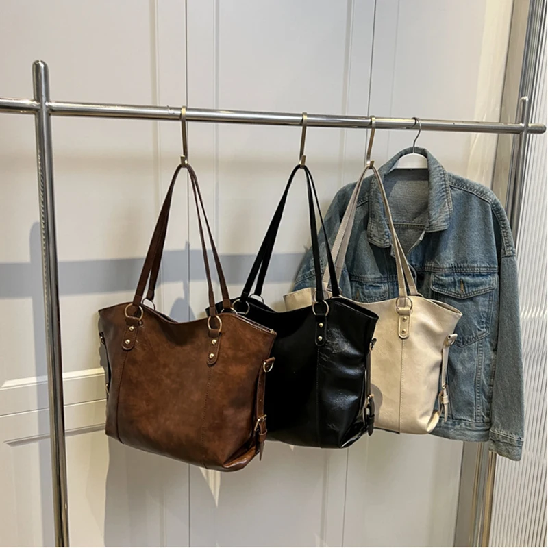 Women's Solid Color Shoulder Bag Fashion Autumn and Winter Tote Bag Soft Leather Commuter Female Bags Handheld New Style