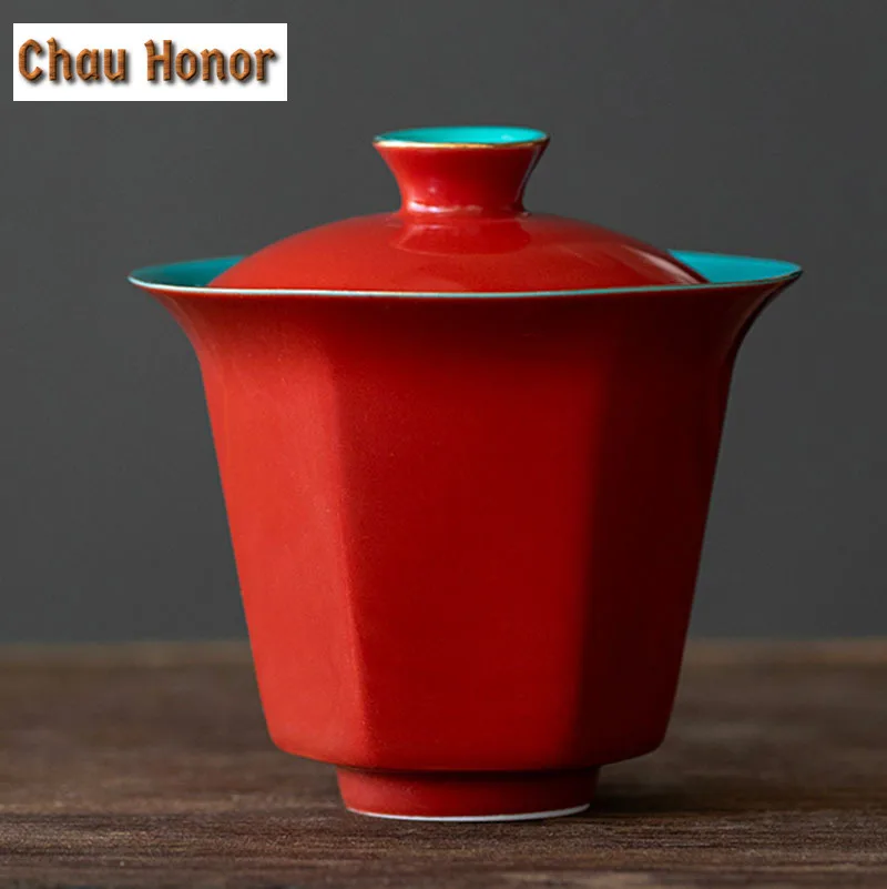 120ml Retro Red Ceramic Glaze Hexagon Tea Tureen Tea Bowl With Cover Tea Maker Gaiwan Household Kung Fu Tea Hand Grasping Bowl
