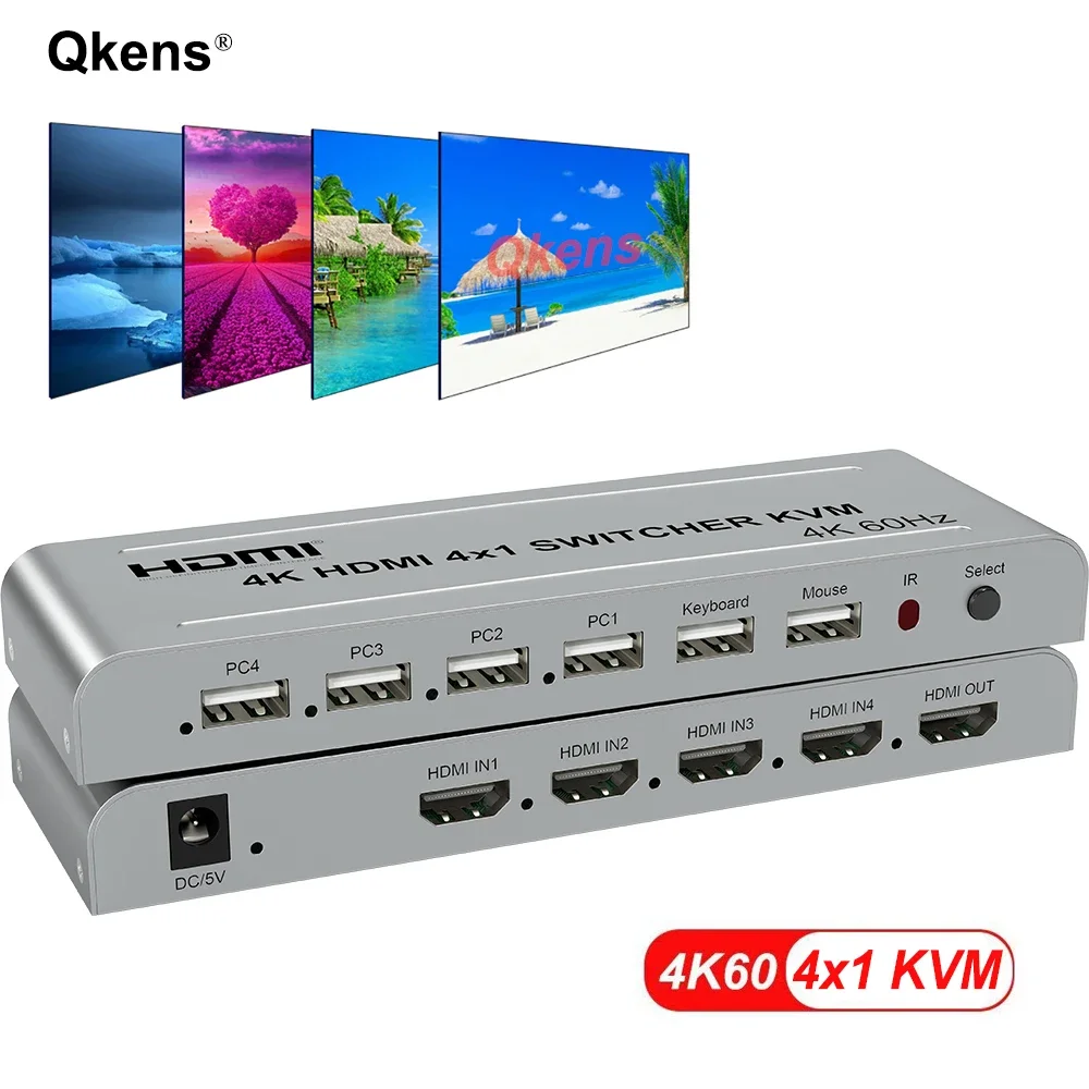 

4K 60hz 4x1 HDMI KVM Switcher 4 In 1 Out Audio Video Converter USB Keyboard Mouse Control 4 Laptop PC , Computer To TV Projector