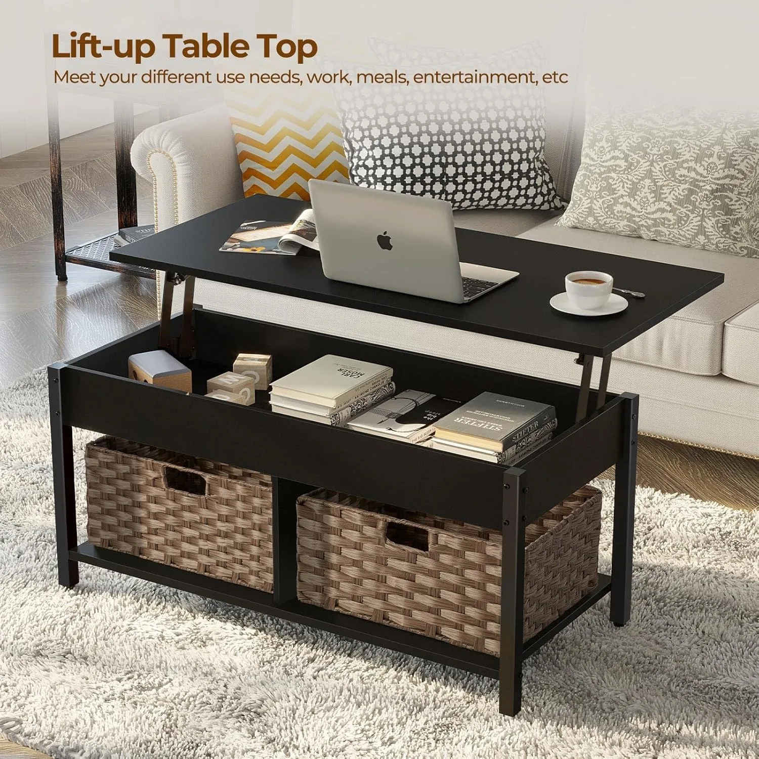 Coffee Table with Lift Top, Hidden Storage Compartment and 2 Rattan Baskets, 41.7" Retro Central Table with Wooden Tabletop 4