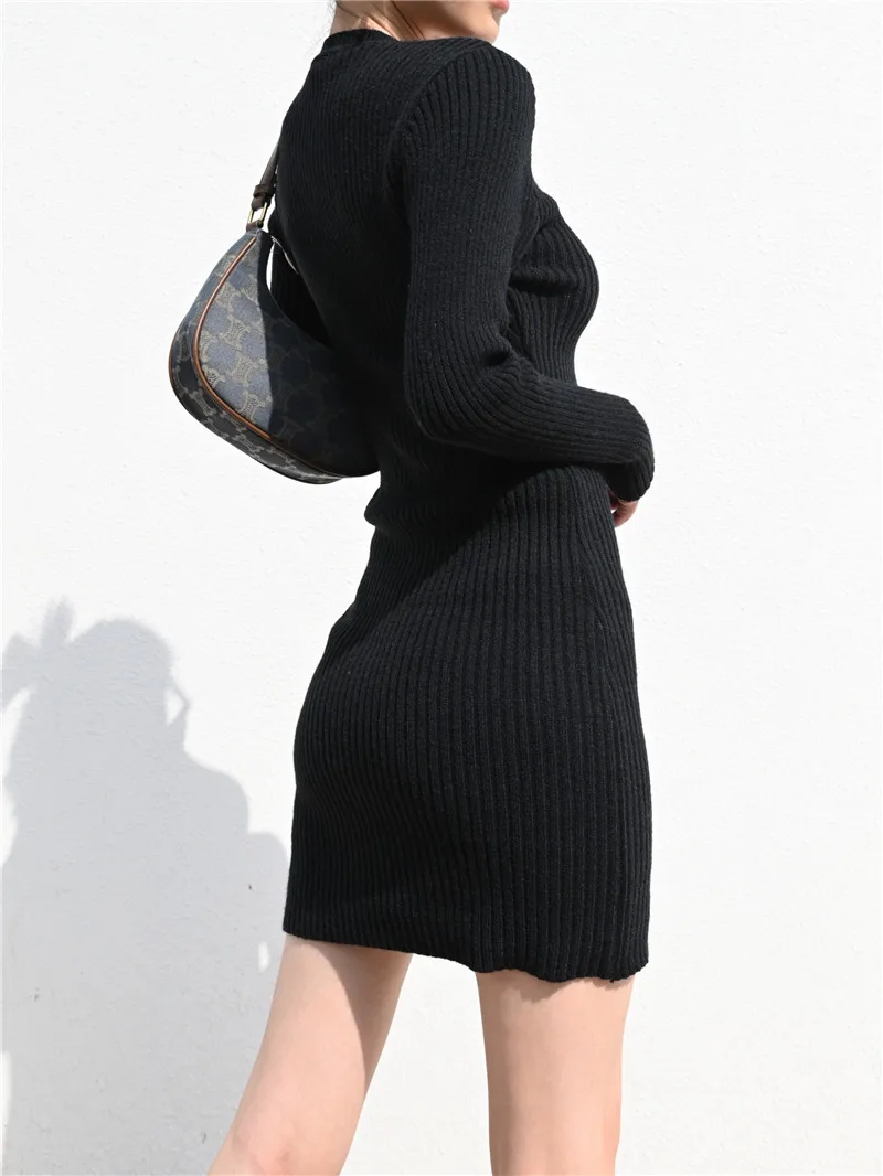 Sun-imperial Women v Neck Ribbed Knitted Long Sleeve Bodycon Mini Dress