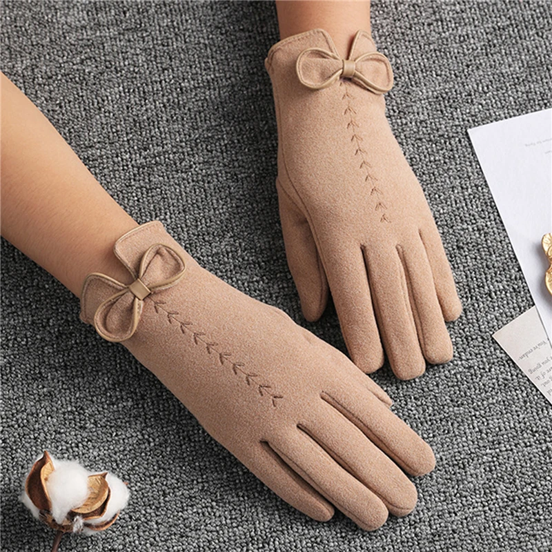 

Зимние женские уличные велосипедные кашемировые теплые перчатки с милым бантом и вышивкой тонкие бархатные варежки для вождения с сенсорным экраном