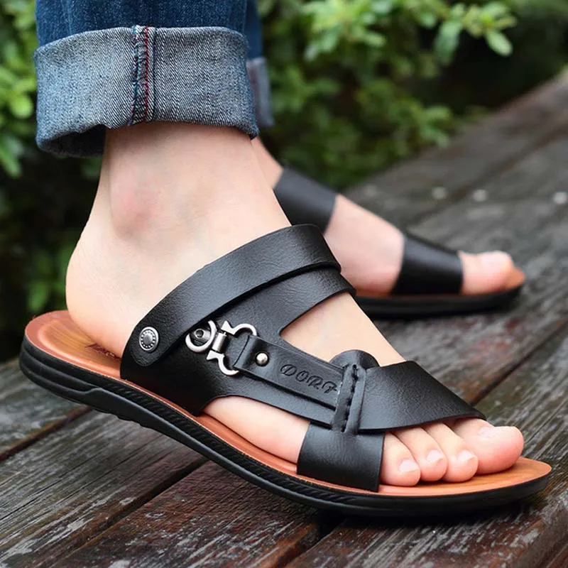 

Men Leather Sandals Summer Classic Boys Shoes Slippers Soft Sandals Men Roman Comfortable Outdoor Beach Walking Footwear