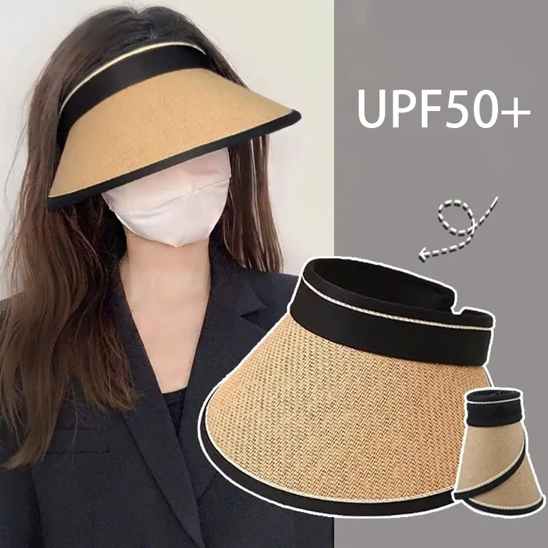 

Big Brim Empty Top Straw Hat Women Summer Anti-Uv Protection Sunscreen Sun Hat Foldable Roll Up Shades Outdoor Cycling Beach Cap