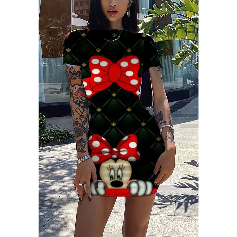

Disney New Temperament Slim Summer Women's Elegant Retro Large Size Dress Round Neck Mickey Minnie Sleeve Short Skirt