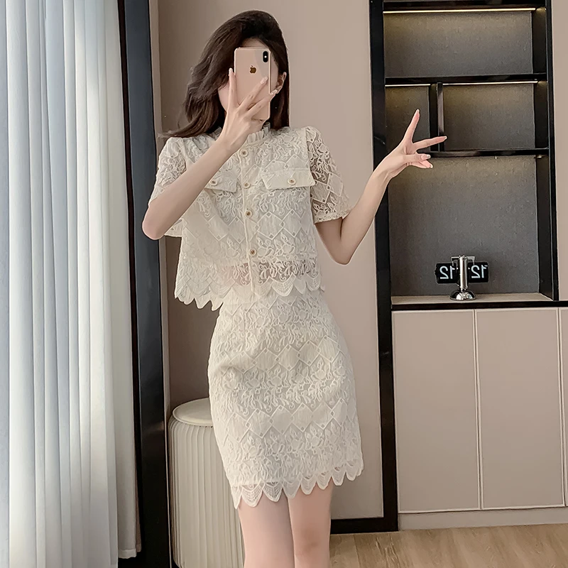 2024 새로운 여름 트위드 스타일 레이스 탑 스커트 슬리밍 2 피스 세트 세련된 정장 작은 향기 스타일 여성 패션