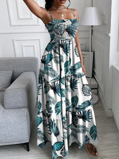 Tropical Print Spaghetti Strap Bandeau Maxi Dress Women Casual Summer Dress  - Dresses - AliExpress