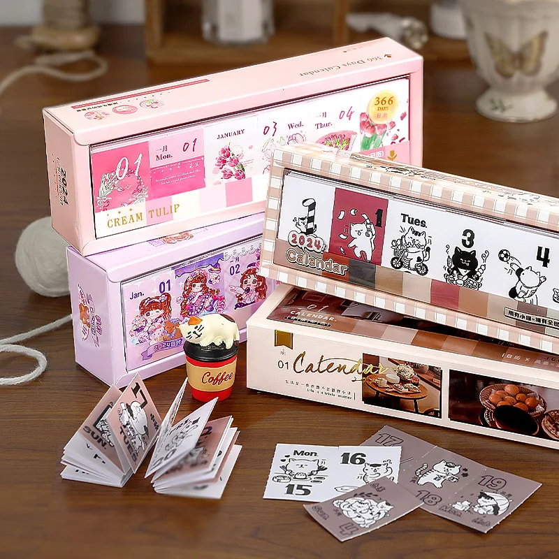 2024 Time Honey Talk Series Mini Calendar 366 Giorni Cute Cartoon Cat And Girl Mini Calendari Portatili Data Stickers