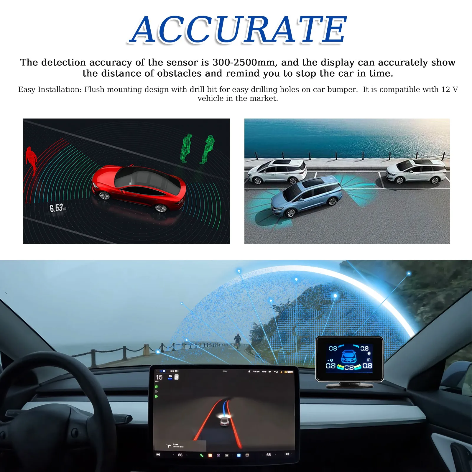 Car Parking Sensor Reversing Radars Front & Rear Support Sound Warning/Buzzer/Mute with 8 Parking Sensors Distance Detection