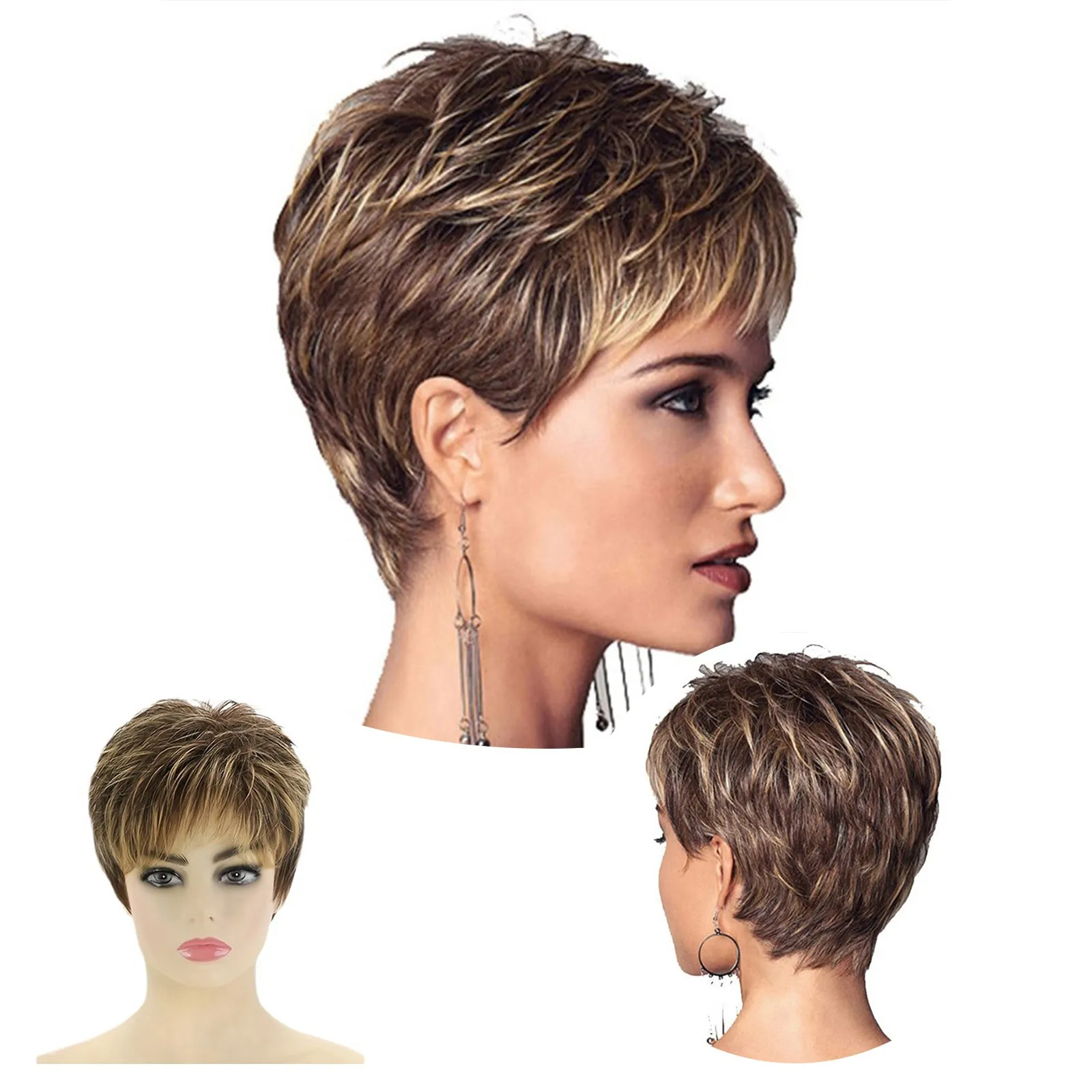 Pelucas de cabello humano para mujer, peluca de moda, corte de pelo corto, pelucas rizadas con gradiente de Color, pelucas cortas sintéticas para disfraz femenino adulto, peluquín