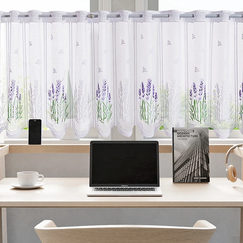White Lavender Spray Flower Short Curtains, Living Room Bedroom Window Decorative Curtains, Kitchen Cabinet Blocking 2