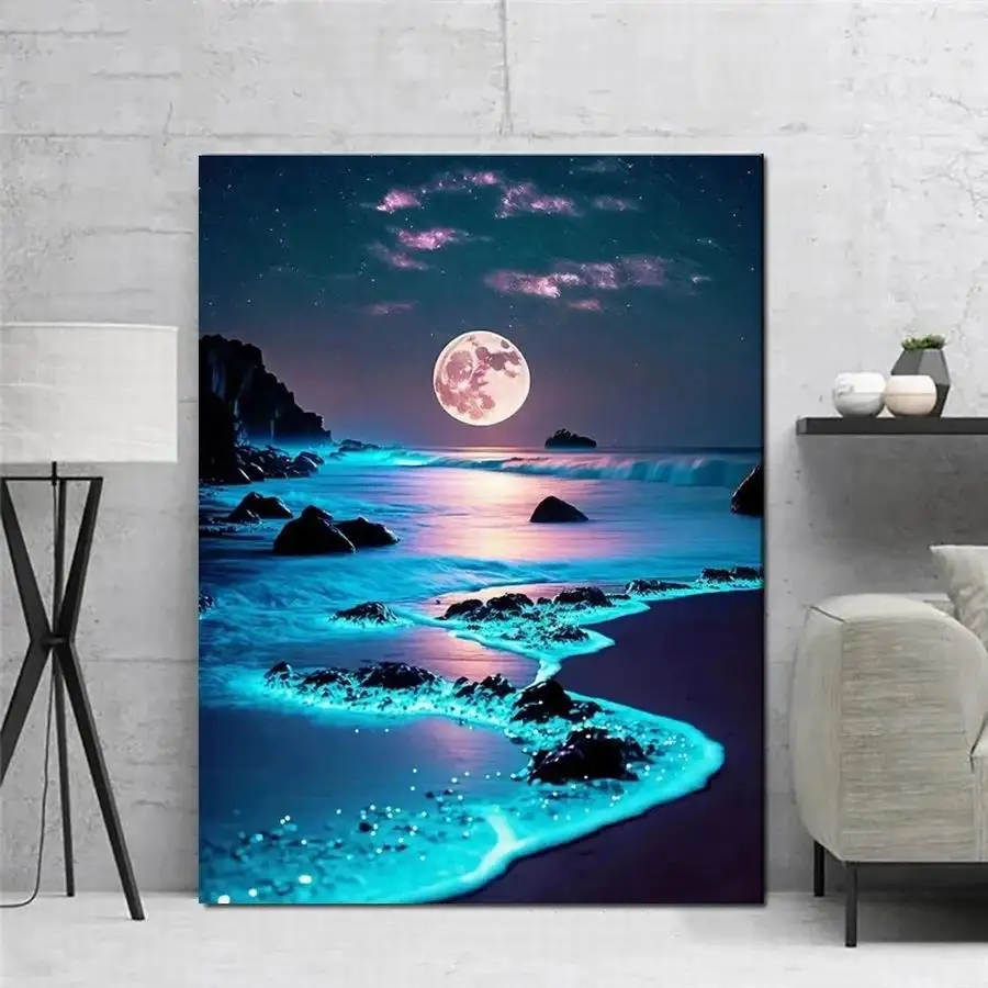 Diy 5D Diamond Painting Moonlight Sea Scenery Full Rhinestone Arts Mosaic Embroidery Night Landscape Wall Decor FG2211