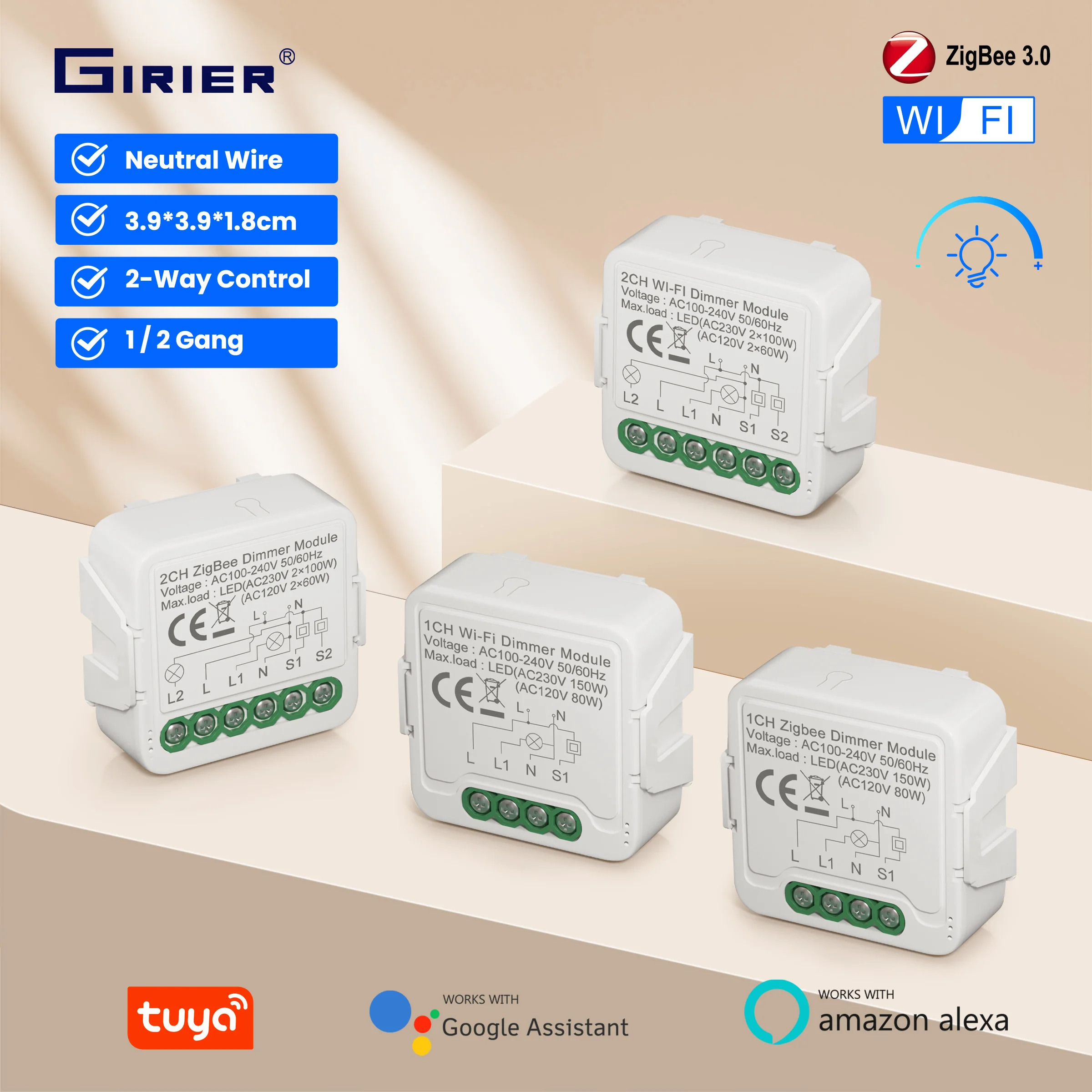 GIRIER Tuya สมาร์ท WiFi ZigBee 3.0 sakelar peredup โมดูลรองรับสวิตช์หรี่แสงควบคุมสองทางเข้ากันได้กับ Alexa Google Home 1