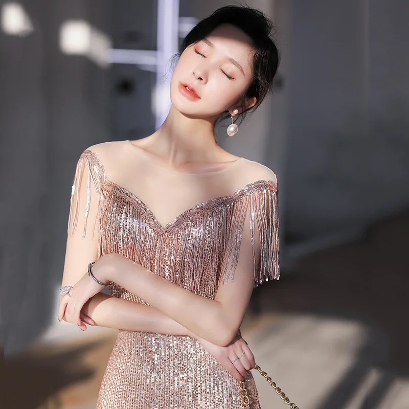 Shoulder Tassel Banquet EvEning Dress, Female AurA Queen, New Fishtail Host Slim Fitting Dress  Elegant stylish comfortable