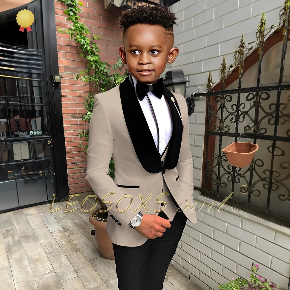 Boys' 3-piece black velvet collar suit set shawl collar jacket vest black trousers children's wedding party attire