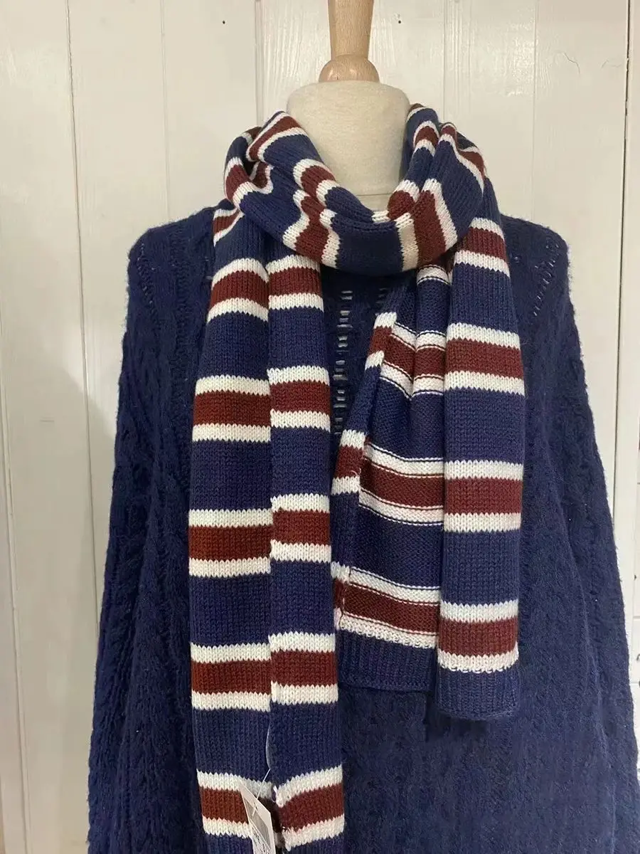Striped Knitted Scarf for Woman Autumn Winter Unisex Long Size Casual Vintage Sweet Preppy Style All-match Cotton Scarves