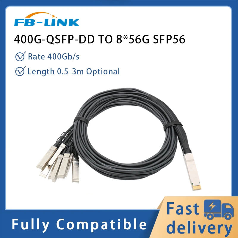 400G DAC Cable QSFP-DD to QSFP-DD TO 8*56G  Direct Attach Copper  0.5/1/1.5/2/3M, compatible with Cisco Mellanox Mikrotik switch