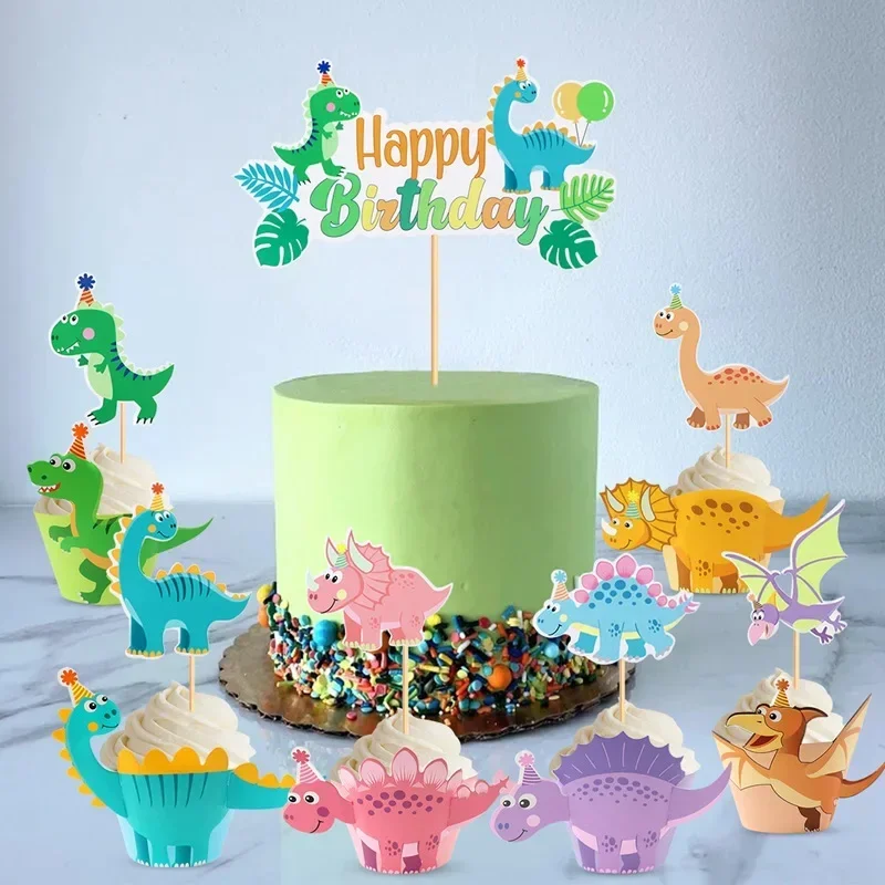 Cute Cartoon Dinosaur Cake Topper Jungle Safari Dino Birthday Cake Surround Kids Boys Happy Dinosaur Birthday Party Decor