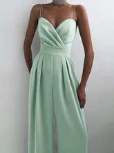 

Celmia Women Spaghetti Straps Satin Jumpsuit 2022 Fashion Pleated High Waist Celebrity Party Long Rompers Wide Leg Pant Overalls