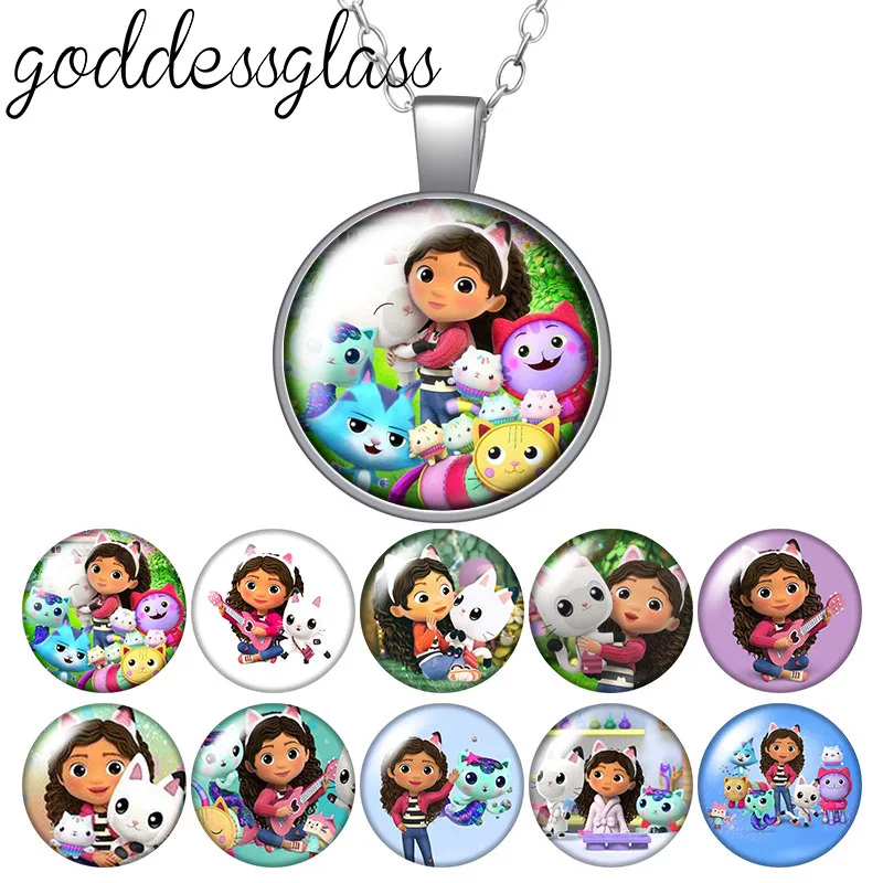 New Cartoon gabby dollhouse Girl cat Cute Gift Round Photo Glass cabochon silver plated pendant necklace 60cm jewelry Gift