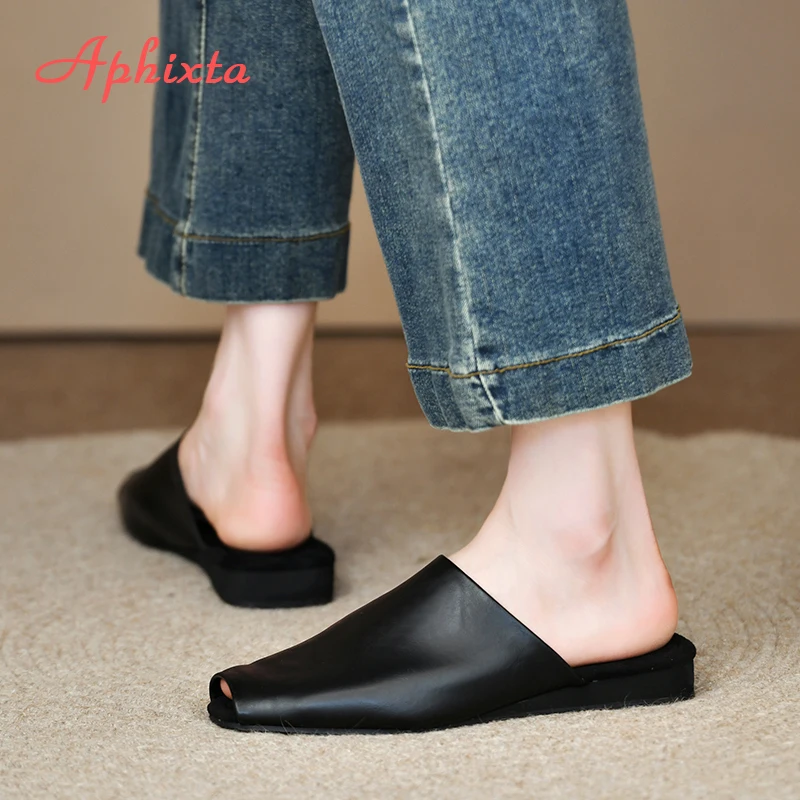 Aphixta Peep Toe Flat With Mules Sandals Black Concise Flip Flops Slip On Summer Outings Woman Shoes Big Size 42 Women's Mules