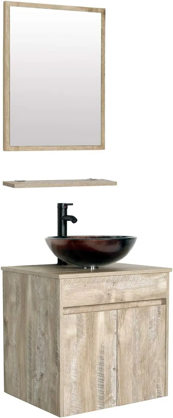 24" Bathroom Vanity Sink Combo Wall Mounted Natural Cabinet Vanity Set Brown Round Tempered Glass Vessel Sink Top, W/ORB Faucet 2