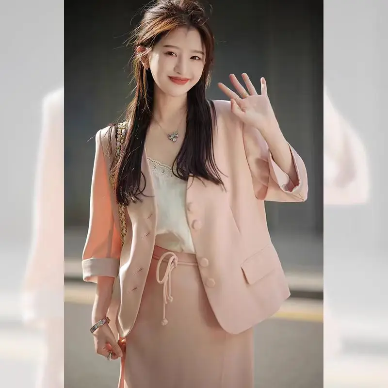 

Spring/Autumn Women's Wear Elegant Pink Workplace High-end Professional Suit Set Half Skirt Light Mature Style Chic Style Autumn