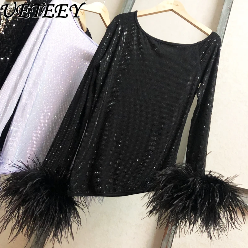 

Personalized Minority Diamond Black Fairy Ostrich Feather Top Autumn New Sexy Luxury Ladies Long Sleeves T-shirt Bottoming Shirt