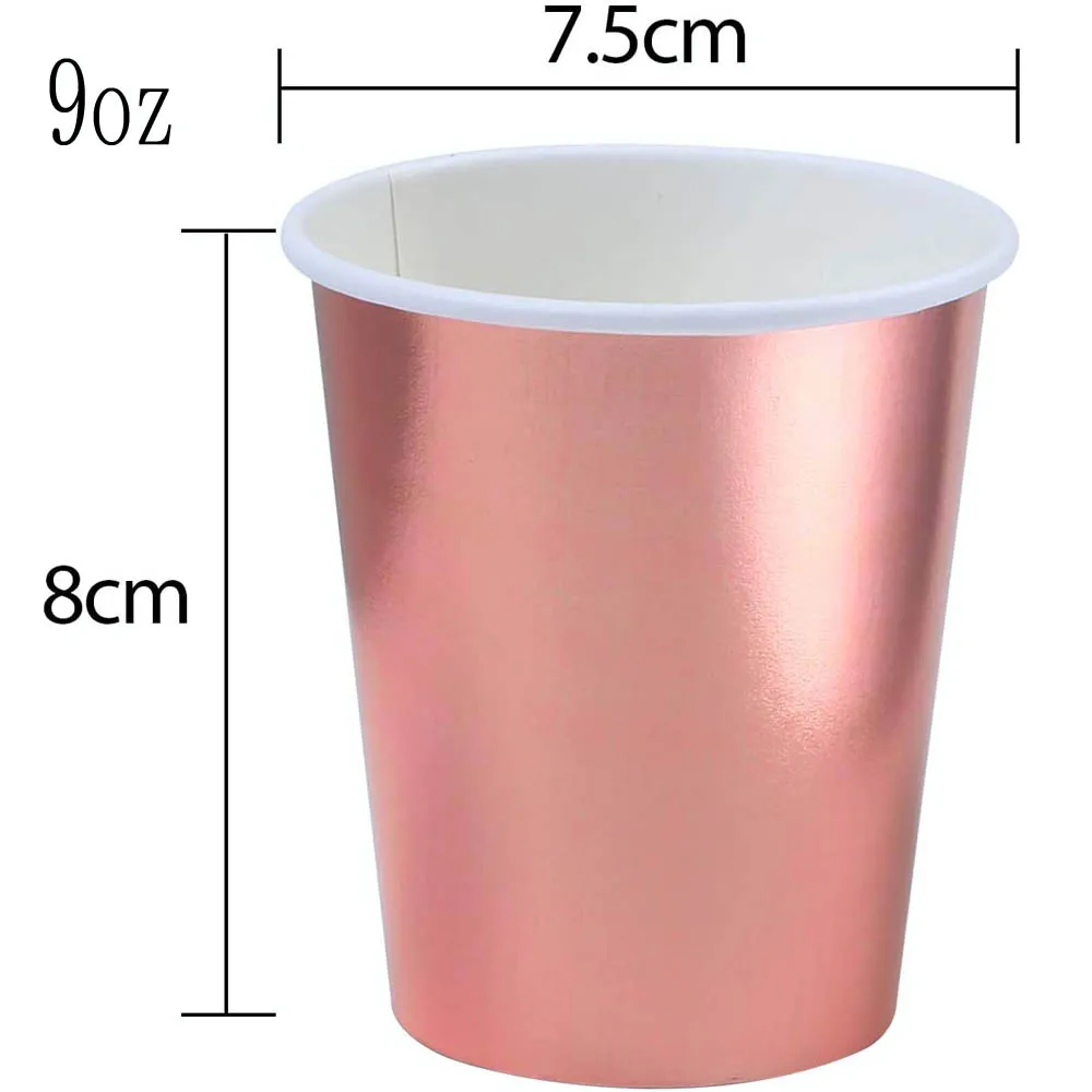 100 Packs Disposable Cup Rose Gold Foil Paper 9oz Party Wedding Birthday Drinking Tableware Supplies