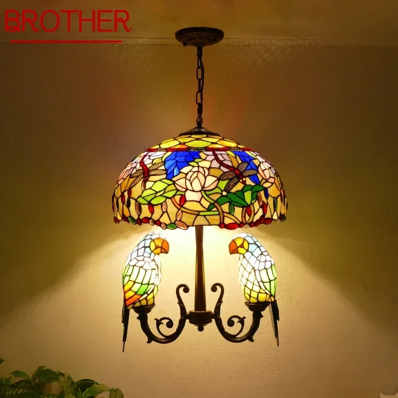 

BROTHER Tiffany Parrot Chandelier Vintage Creative Color Glass Living Room restaurant Bedroom Hotel Corridor Pendant Lamp