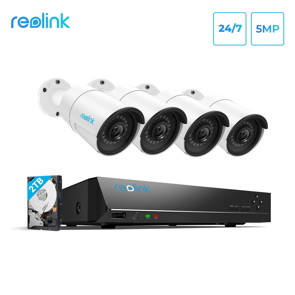 Reolink Rlk8-410B4 5Mp Sistema Di Telecamere Per Esterni 8Ch Poe Nvr E 4 Telecamere Ip Poe Bullet Kit Di Videosorveglianza Per Esterni Hdd Da 2Tb Inte