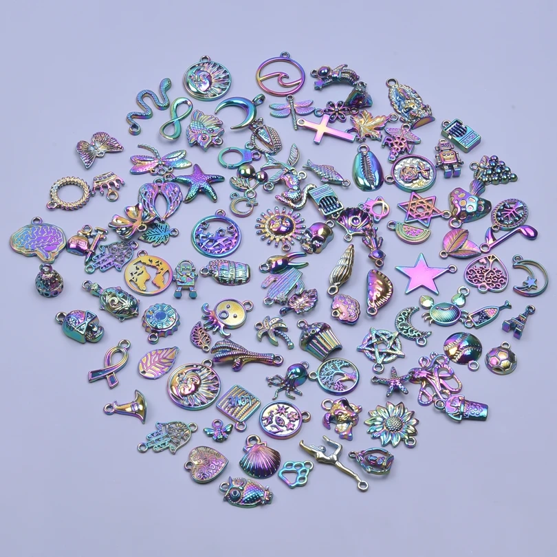 

100Pcs Rainbow Color Punk Charms Cross Star Moon Sun Alloy Pendant Charms For Jewelry Making DIY Necklace Bracelets Materials