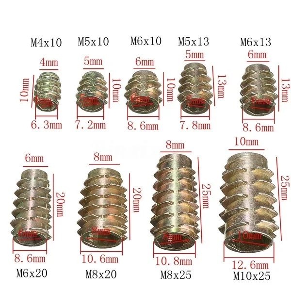 10PCS M4 M5 M6 M8 M10 Hex Drive Screw In Threaded Type E Insert Nut Screws Assortment For Wood 9-SIZE with flange stainless steel screws screw bolt nut set hex nuts assortment kit screw washer nut kit hexagon socket head cap screw