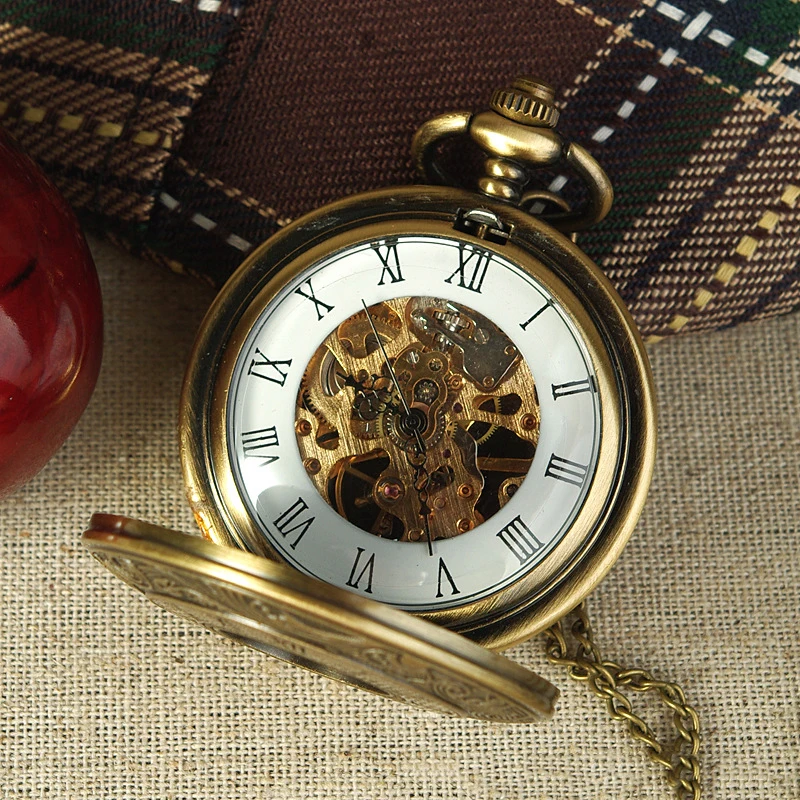 Luxury Steampunk Mechanical Pocket Watch for Men Women Skeleton Case Vintage Bronze Roman Numerals Dial Fob Chain Pendant Clock
