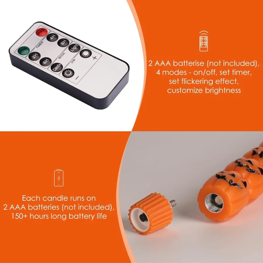 Flameless Taper Candles with Remote Control Flickering LED for Halloween Decorations Battery Operated Spooky Wax Candlesticks S