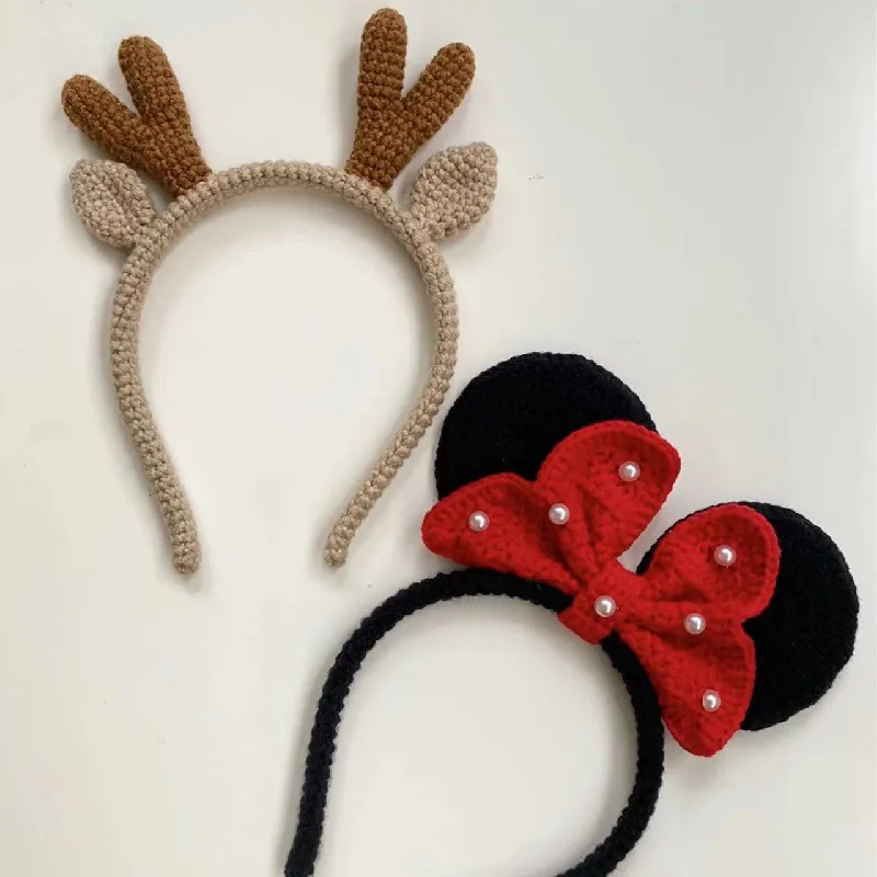 2pcs/Handmade crochet hair hoop cartoon hair clip cute girl hair accessory deer horn hair band Mickey pattern headwear