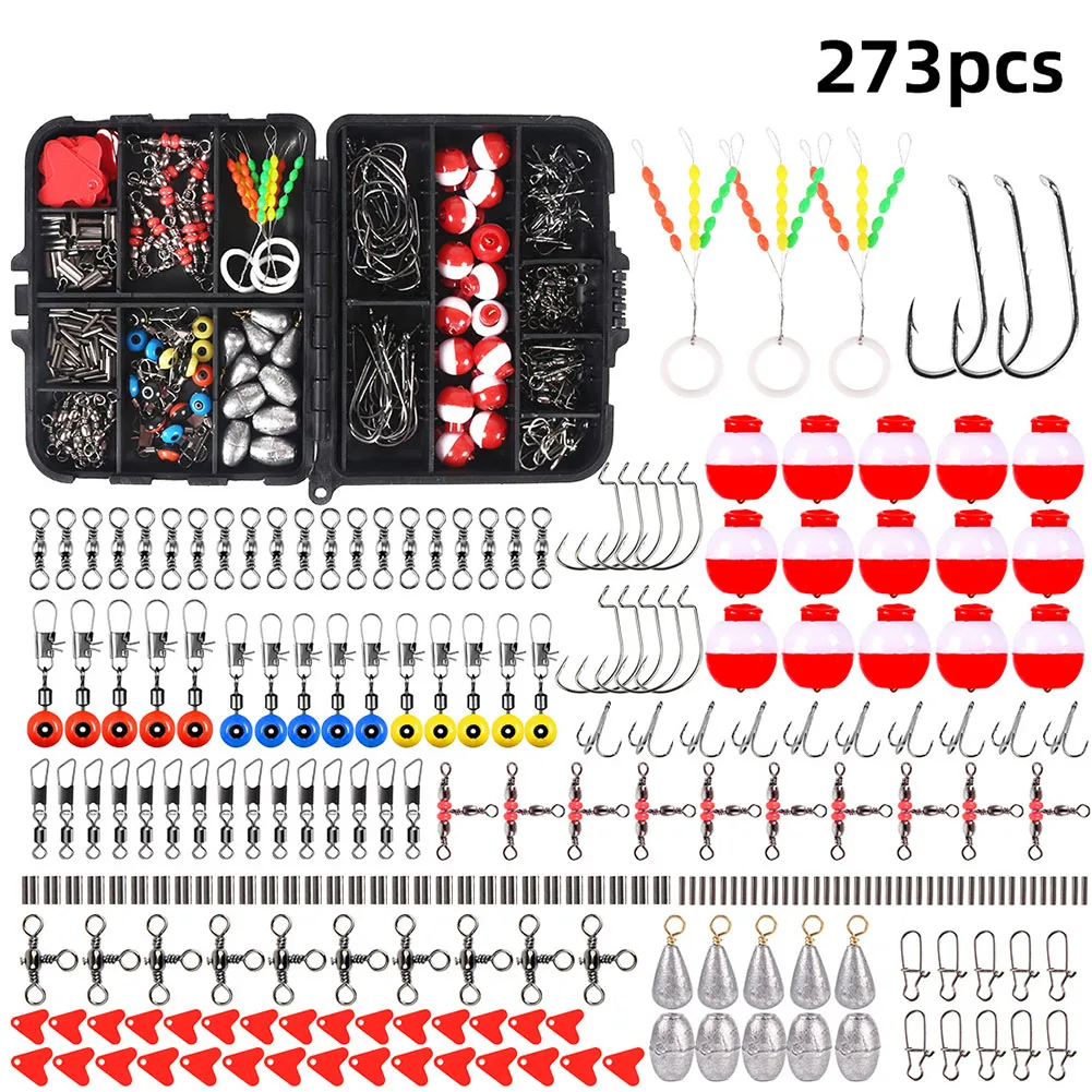 

273PCS Fishing Accessories Kit Box-Sinker Weights, Crossline Barrel Swivel, Swivel Snap, Hooks, Sinker Slides, with Tackle Box