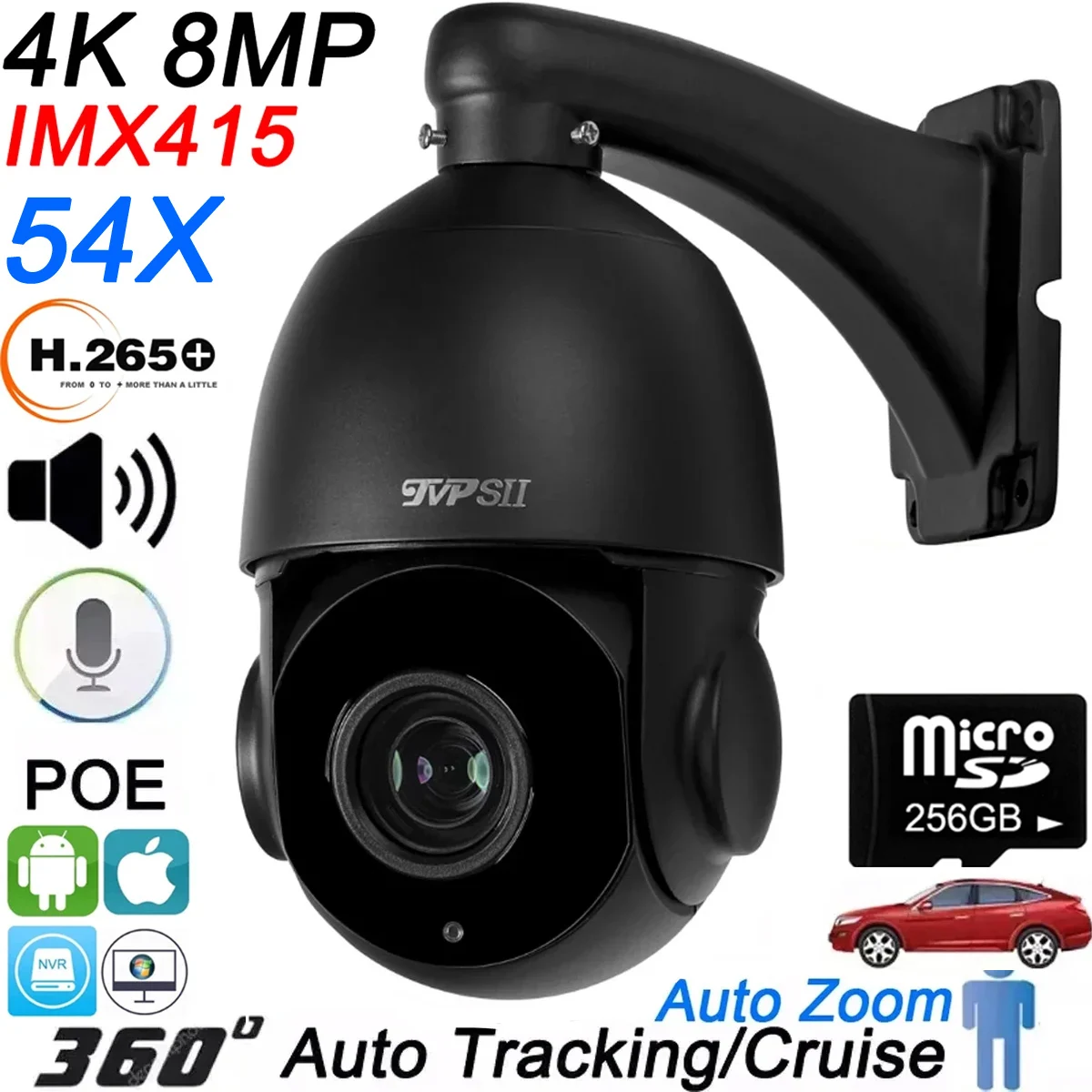 Black Max.256g Auto Tracking 8MP 4K 54X Optical Zoom 360° Rotation Audio Outdoor ONVIF POE PTZ IP Surveillance Speed Doom Camera