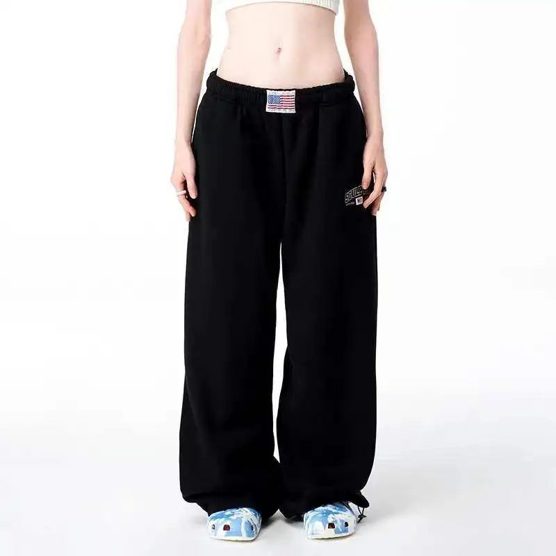 

Retro Light Floral Gray Women's 2024 Summer New Patchwork Pockets Fashionable Loose Wide Leg Straight Leg Casual Sports Pants