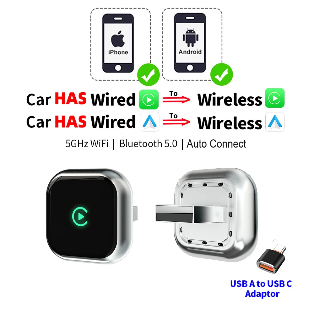 Spedal Car Play Draadloze Adapter voor CarPlay & Android Auto, Converteert Bedraad naar Draadloos, Plug & Play, 5,8 GHz WiFi, Auto-Connect, Stabiel, Fit voor Auto's vanaf 2016 & iPhone iOS 10