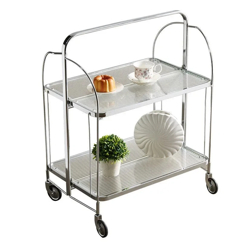 Luxury Kitchen Trolley Glass Shelving Movable Nordic Furniture Multi-layer Shelf Torage Rack Edside Cabinet Stainless Steel
