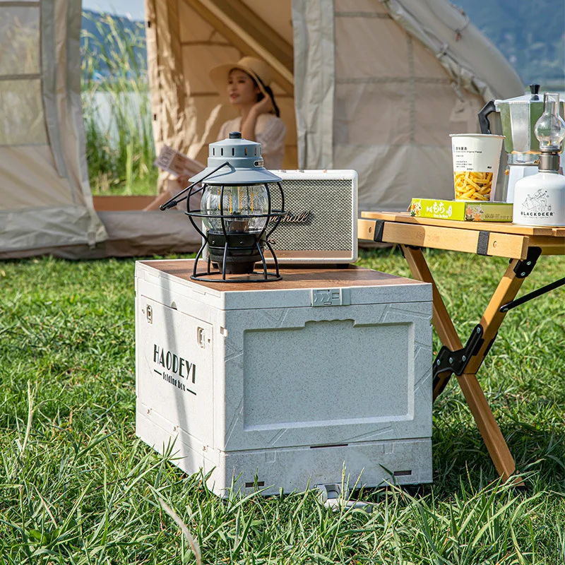 1 Pièce Boîte De Rangement Pliable Pour L'extérieur Pour Le Camping, Le  Coffre De Voiture, Avec Couvercle En Bois, Pliable Et Blanc