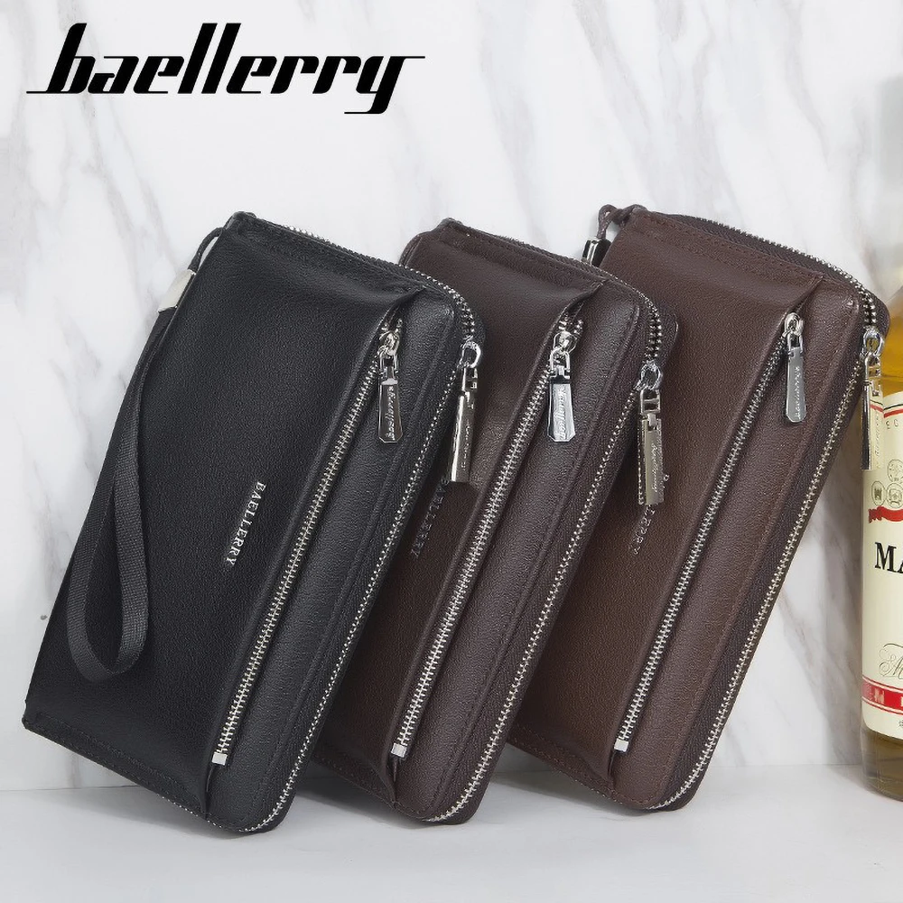 Baellerry Men's Travel Wallet Phone Sleeve + Wrist Strap RFID Blocking Long Business Organizer Triple Zipper