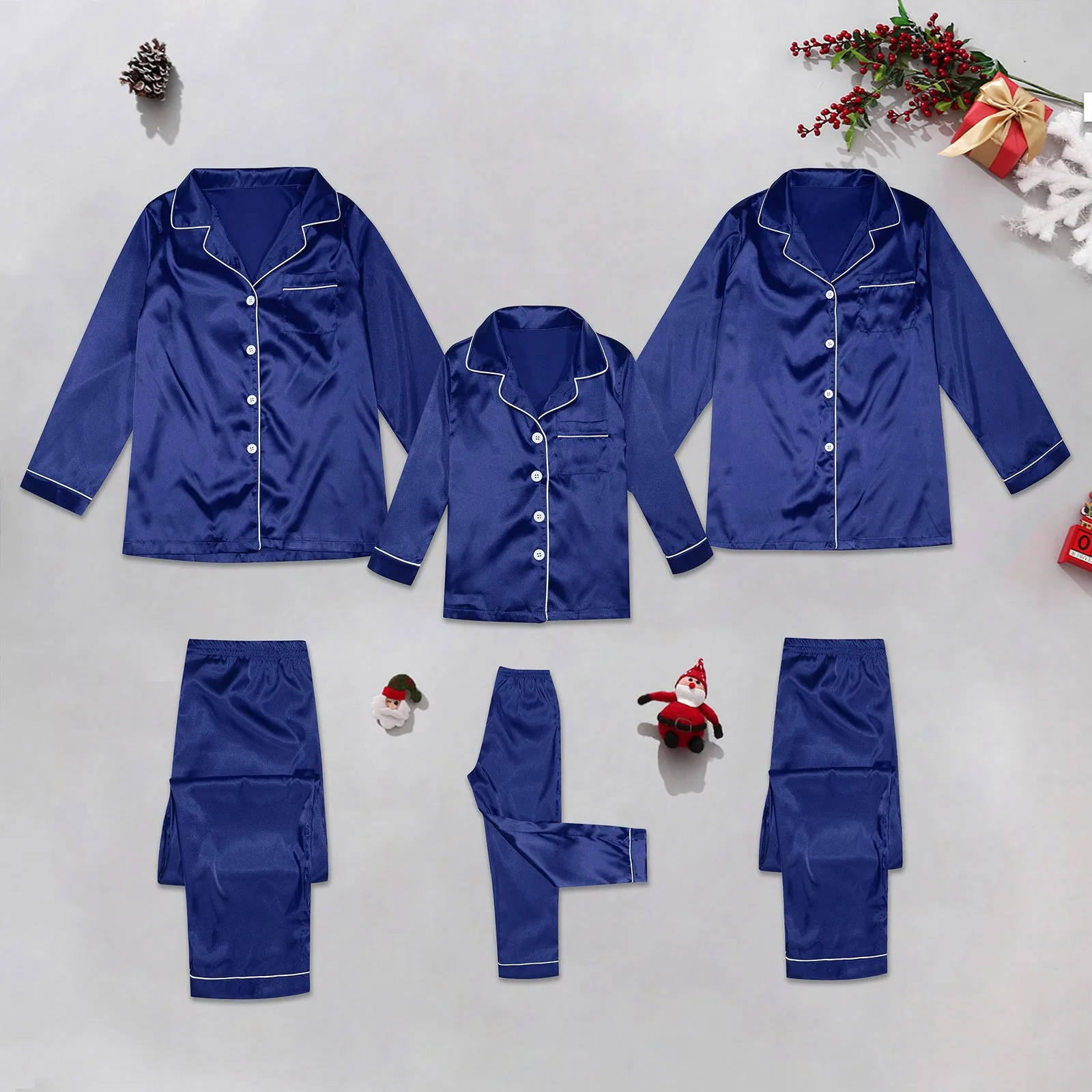 thumbnail image 2 of Pijama de seda para mujer de 2 piezas de talla grande para Navidad, conjunto familiar a juego, pijama de punto marrón para madre e hijos de manga larga lisa, 2 of 5