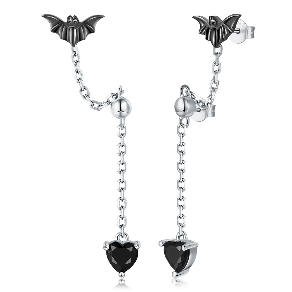 925 Sterling Silver Black Vampire Bat Heart Double Holes Stud Earrings Tassel Piercing Gothic Halloween Jewelry Gifts for Women